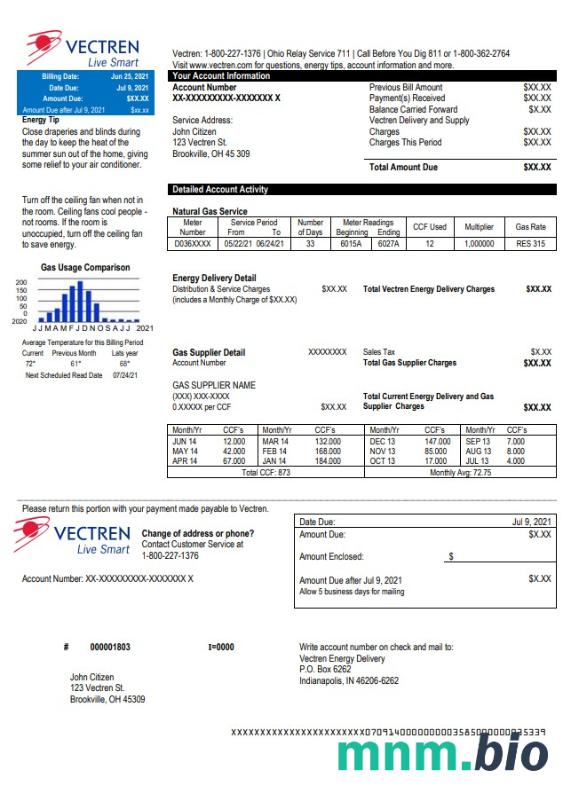 USA Ohio Vectren Energy rachunek za media szablon w formacie Word i PDF